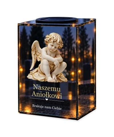 Znicz lustrzany solarny LED – Zamyślony biały aniołek — noc, białe tło
