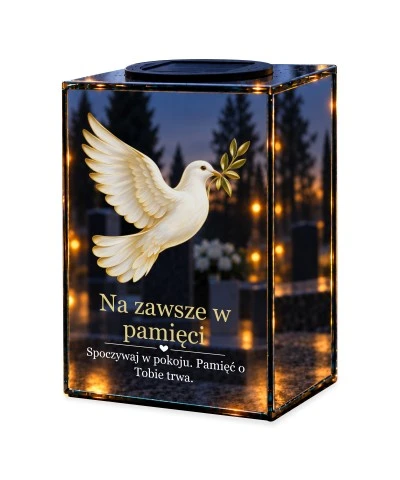 Znicz lustrzany solarny LED – Gołąb z gałązką oliwną — noc, białe tło