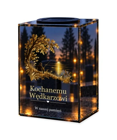 Znicz lustrzany solarny LED – Wędkarz nad jeziorem — noc, białe tło