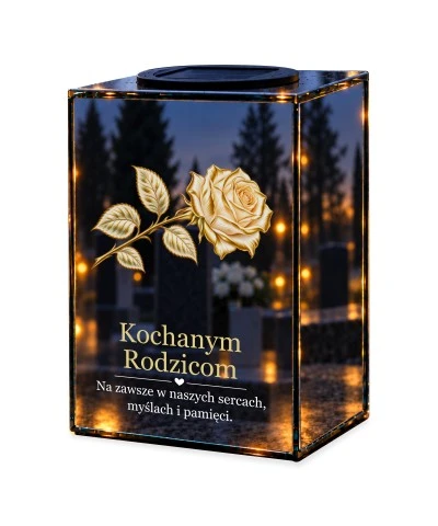 Znicz lustrzany solarny LED – Róża dla rodziców — noc, białe tło