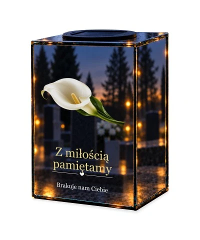 Znicz lustrzany solarny LED – Biała kalia pamięci — noc, białe tło