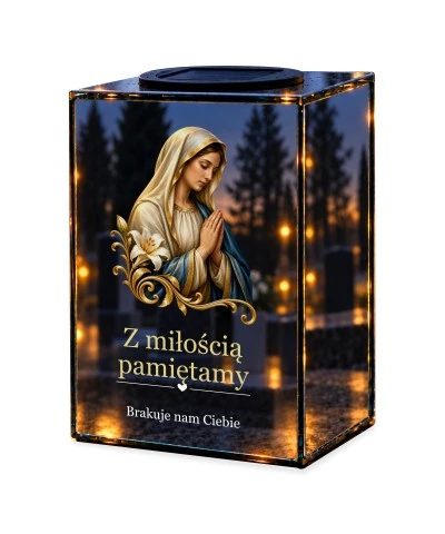 Znicz lustrzany solarny LED – Maryja w złotym welonie — noc, białe tło