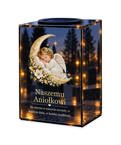 Znicz lustrzany solarny LED – Śpiący aniołek na księżycu — noc, białe tło
