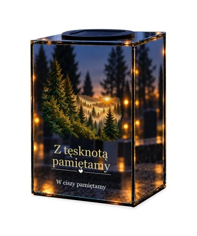 Znicz lustrzany solarny LED – Leśny zachód — ciche wspomnienia — noc, białe tło