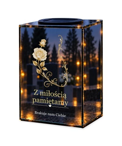 Znicz lustrzany solarny LED – Białe róże i złoty ornament — noc, białe tło