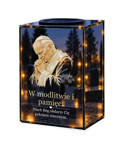 Znicz lustrzany solarny LED – Jan Paweł II — modlitwa i pamięć — noc, białe tło