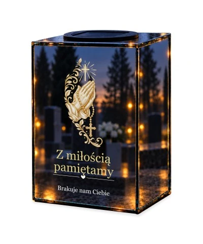 Znicz lustrzany solarny LED – Dłonie z różańcem i krzyżem — noc, białe tło
