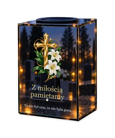 Znicz lustrzany solarny LED – Złoty krzyż z białymi liliami — noc, białe tło
