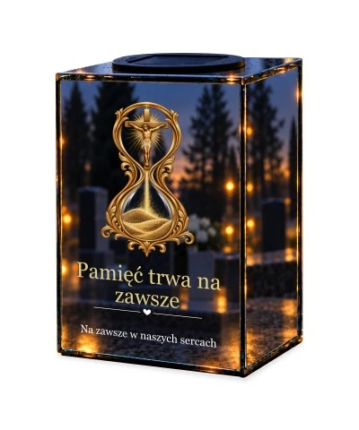 Znicz lustrzany solarny LED – Klepsydra pamięci z krzyżem — noc, białe tło