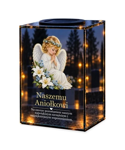 Znicz lustrzany solarny LED – Aniołek z liliami i niezapominajkami — noc, białe tło