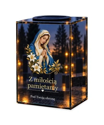 Znicz lustrzany solarny LED – Maryja z różańcem i liliami — noc, białe tło