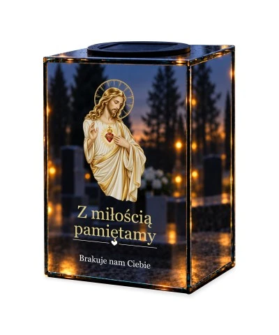 Znicz lustrzany solarny LED – Serce Jezusa — opieka i pokój — noc, białe tło