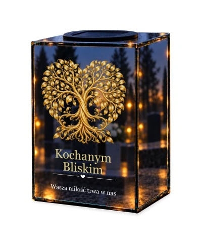 Znicz lustrzany solarny LED – Złote drzewo życia — noc, białe tło