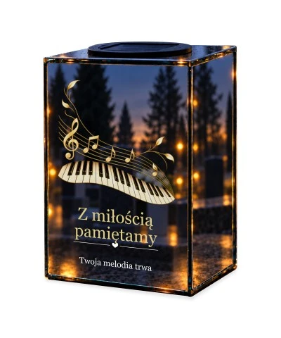 Znicz lustrzany solarny LED – Muzyka wspomnień — klawisze i nuty — noc, białe tło