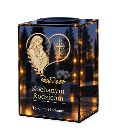 Znicz lustrzany solarny LED – Dla Rodziców – Dwa serca pod opieką Maryi — noc, białe tło