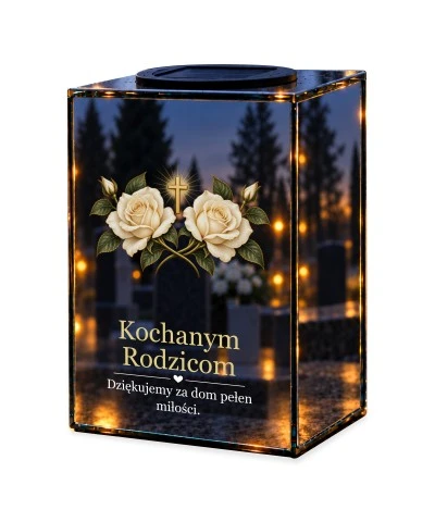 Znicz lustrzany solarny LED – Dwie róże dla rodziców — noc, białe tło