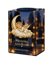 Znicz lustrzany solarny LED – Aniołek na księżycu — noc, białe tło