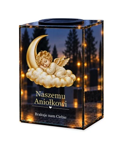Znicz lustrzany solarny LED – Aniołek na księżycu — noc, białe tło