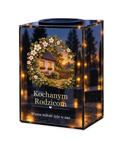 Znicz lustrzany solarny LED – Dla Rodziców – Dom dzieciństwa — noc, białe tło