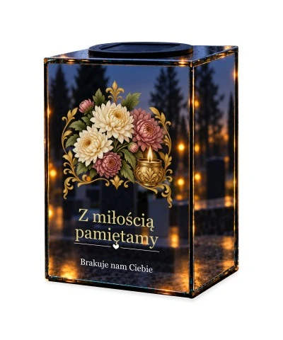Znicz lustrzany solarny LED – Chryzantemy i płomień — noc, białe tło