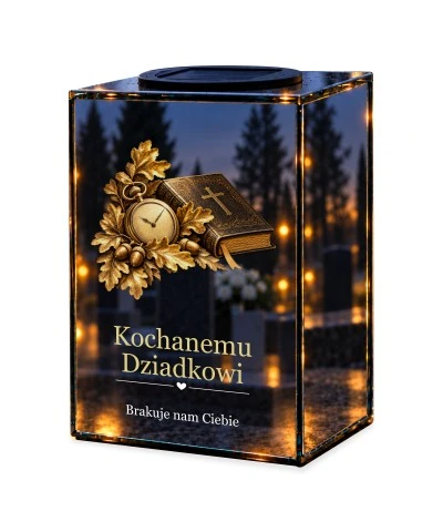 Znicz lustrzany solarny LED – Dla Dziadka – Dębowe liście, księga i zegarek — noc, białe tło
