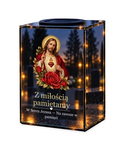 Znicz lustrzany solarny LED – Najświętsze Serce Jezusa — noc, białe tło
