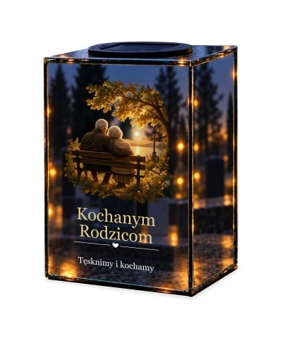 Znicz lustrzany solarny LED – Dla Rodziców – Wspólne chwile na ławce — noc, białe tło