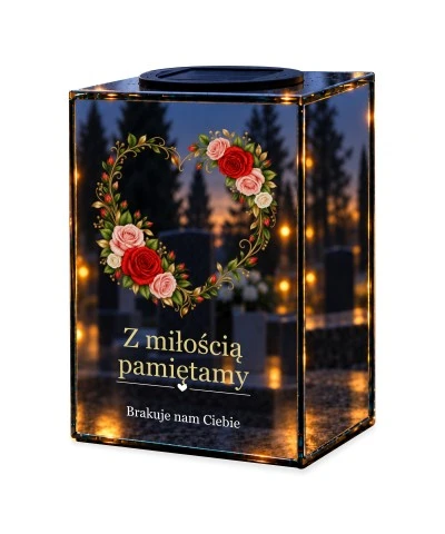 Znicz lustrzany solarny LED – Wieniec róż w kształcie serca — noc, białe tło