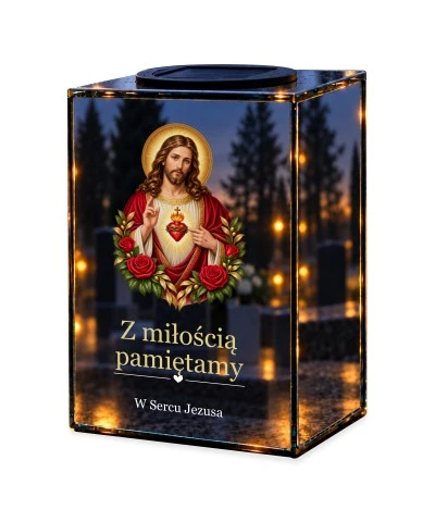Znicz lustrzany solarny LED – Najświętsze Serce Jezusa — noc, białe tło