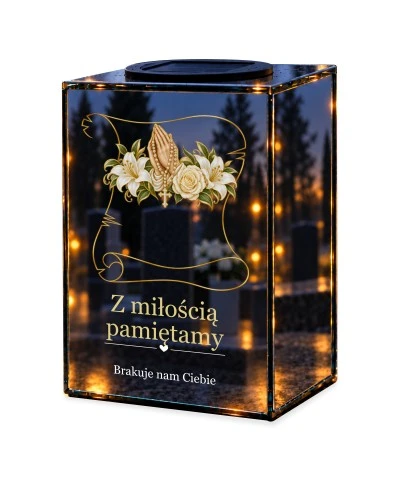 Znicz lustrzany solarny LED – Lilie i róże na pergaminie — noc, białe tło