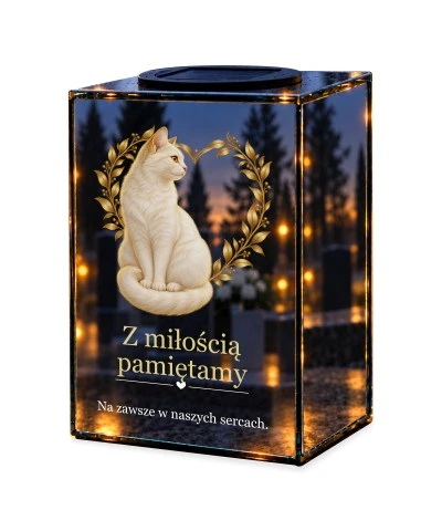 Znicz lustrzany solarny LED – Pamięci ukochanego kota — noc, białe tło