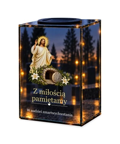 Znicz lustrzany solarny LED – Zmartwychwstanie — noc, białe tło
