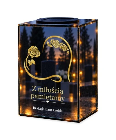 Znicz lustrzany solarny LED – Róża pamięci — noc, białe tło