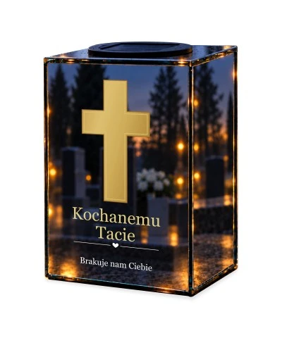 Znicz lustrzany solarny LED – Dla Taty – Krzyż pamięci — noc, białe tło