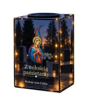 Znicz lustrzany solarny LED – Maryja witrażowa — noc, białe tło