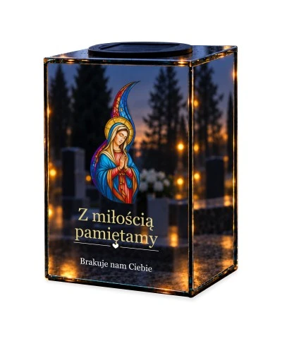 Znicz lustrzany solarny LED – Maryja witrażowa — noc, białe tło