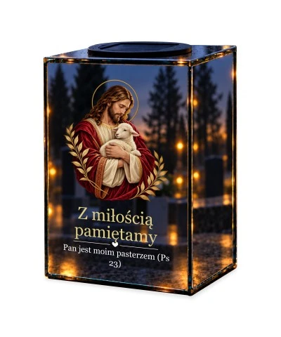 Znicz lustrzany solarny LED – Dobry Pasterz — noc, białe tło