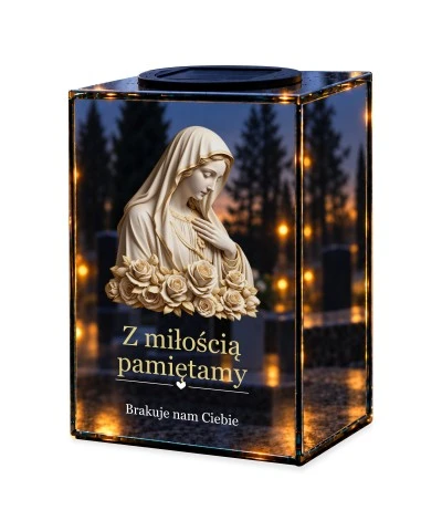 Znicz lustrzany solarny LED – Maryja wśród róż — noc, białe tło