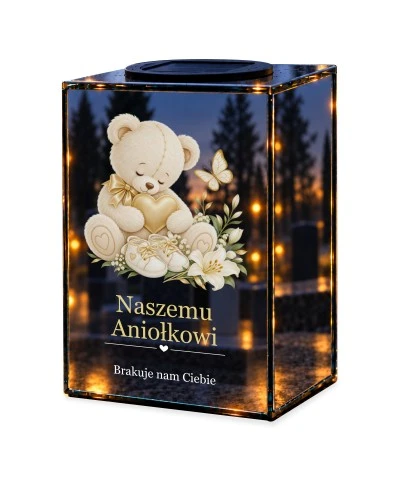 Znicz lustrzany solarny LED – Miś — pamięć o dziecku — noc, białe tło