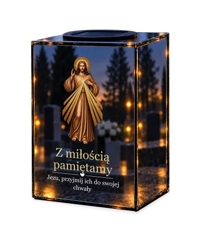 Znicz lustrzany solarny LED – Jezus Miłosierny sepia — noc, białe tło
