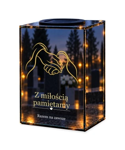 Znicz lustrzany solarny LED – Splecione dłonie — noc, białe tło