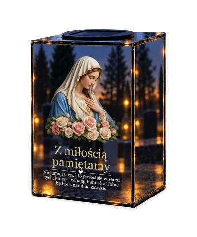Znicz lustrzany solarny LED – Maryja z różami — noc, białe tło