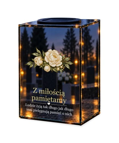 Znicz lustrzany solarny LED – Pamięć o bliskich — noc, białe tło