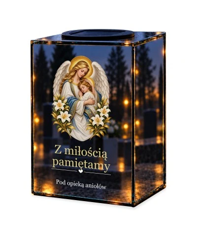 Znicz lustrzany solarny LED – Anioł Stróż — noc, białe tło
