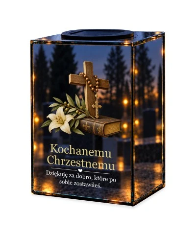 Znicz lustrzany solarny LED – Dla chrzestnego - krzyż i różaniec — noc, białe tło