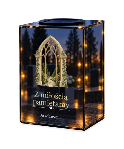 Znicz lustrzany solarny LED – Gotycka brama — noc, białe tło