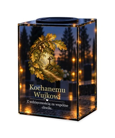 Znicz lustrzany solarny LED – Dla wujka - dębowy szlak — noc, białe tło