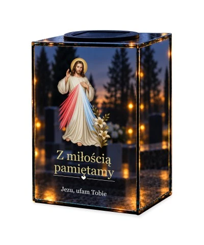 Znicz lustrzany solarny LED – Jezu ufam Tobie — noc, białe tło