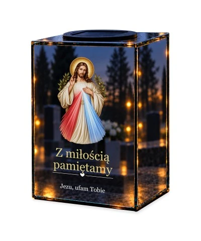 Znicz lustrzany solarny LED – Jezus Miłosierny z gałązkami oliwnymi