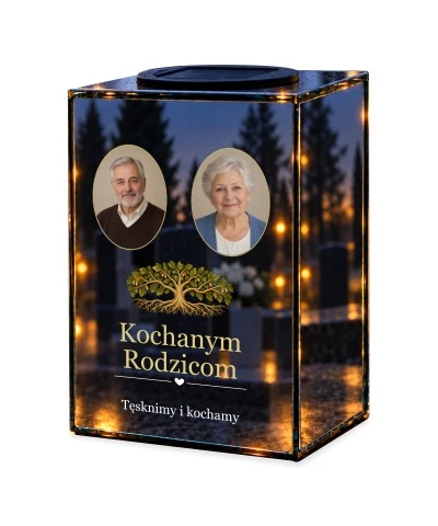 Znicz lustrzany solarny LED – Drzewo pamięci — dla Rodziców, dwa zdjęcia — noc, białe tło